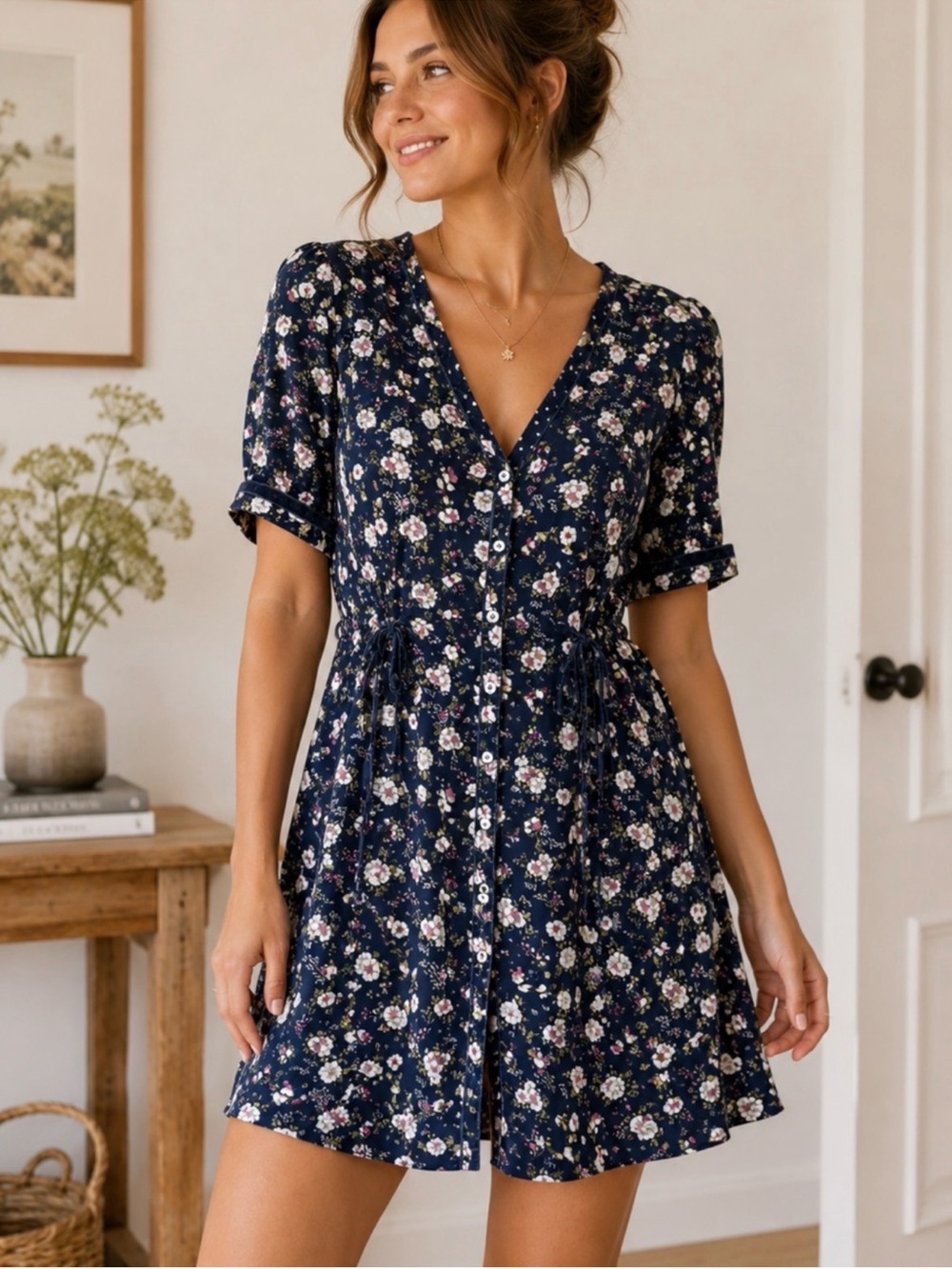 Chelsea & Violet Navy Ditsy Floral Corset Tie Button Front Mini Dress S